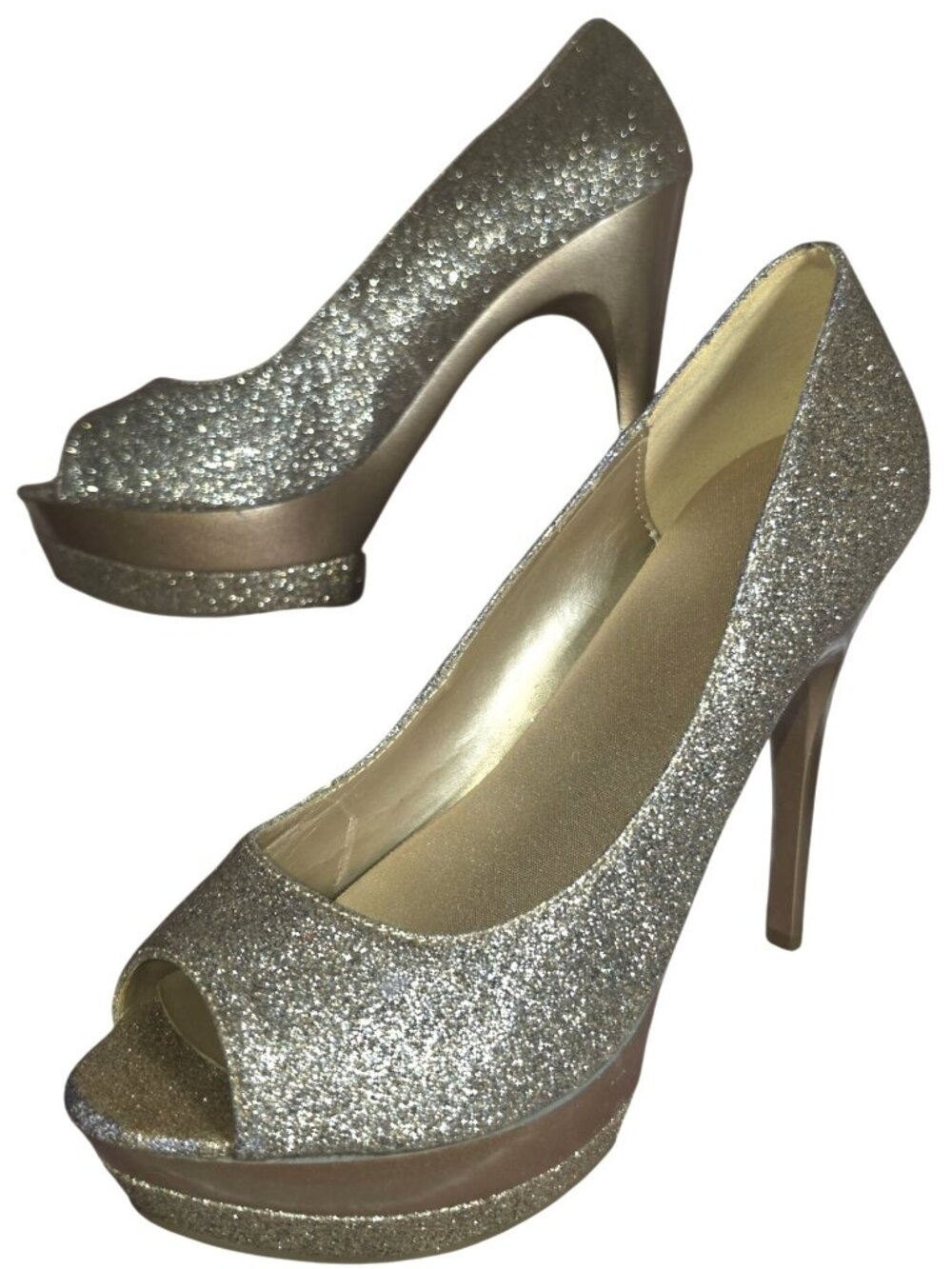 Women's Heart in D Gold Glittery Sparkle Open Toe Heels Size 8.5 Scuba Sexy